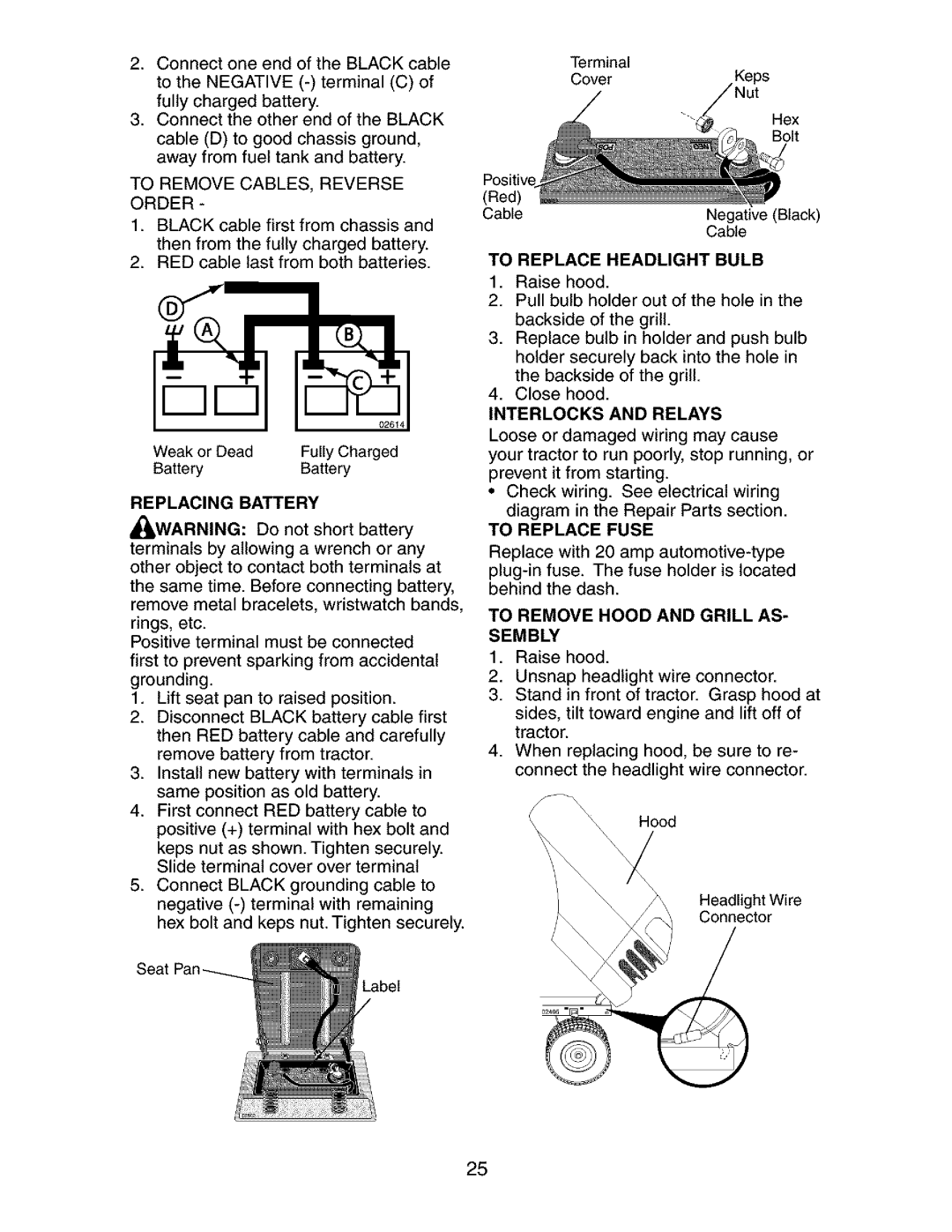 Craftsman 917.273392 manual Replacing Battery, Interlocks and Relays, To Replace Fuse, To Remove Hood and Grill AS- Sembly 