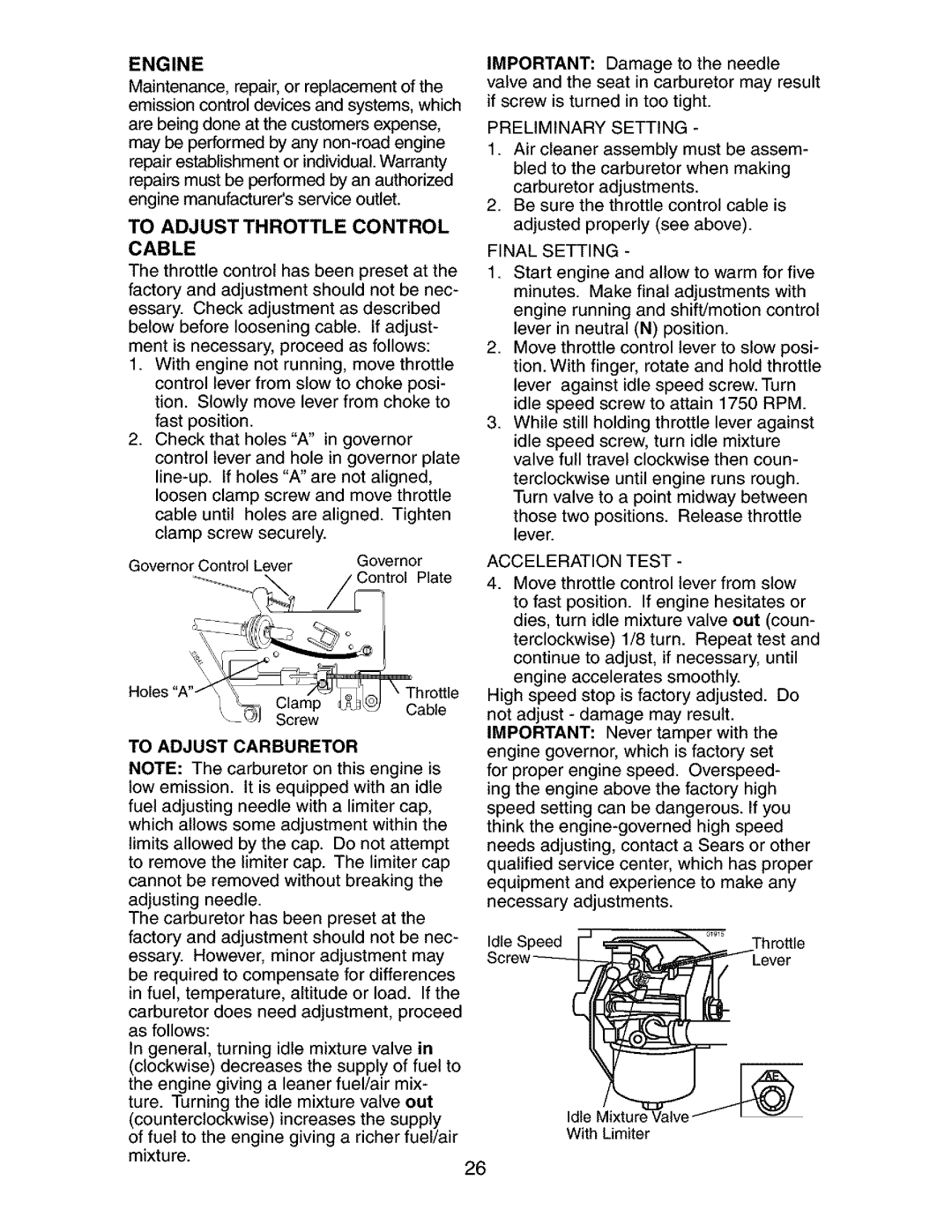 Craftsman 917.273392 Engine, To Adjust Throttle Control Cable, To Adjust Carburetor, Preliminary Setting, Final Setting 