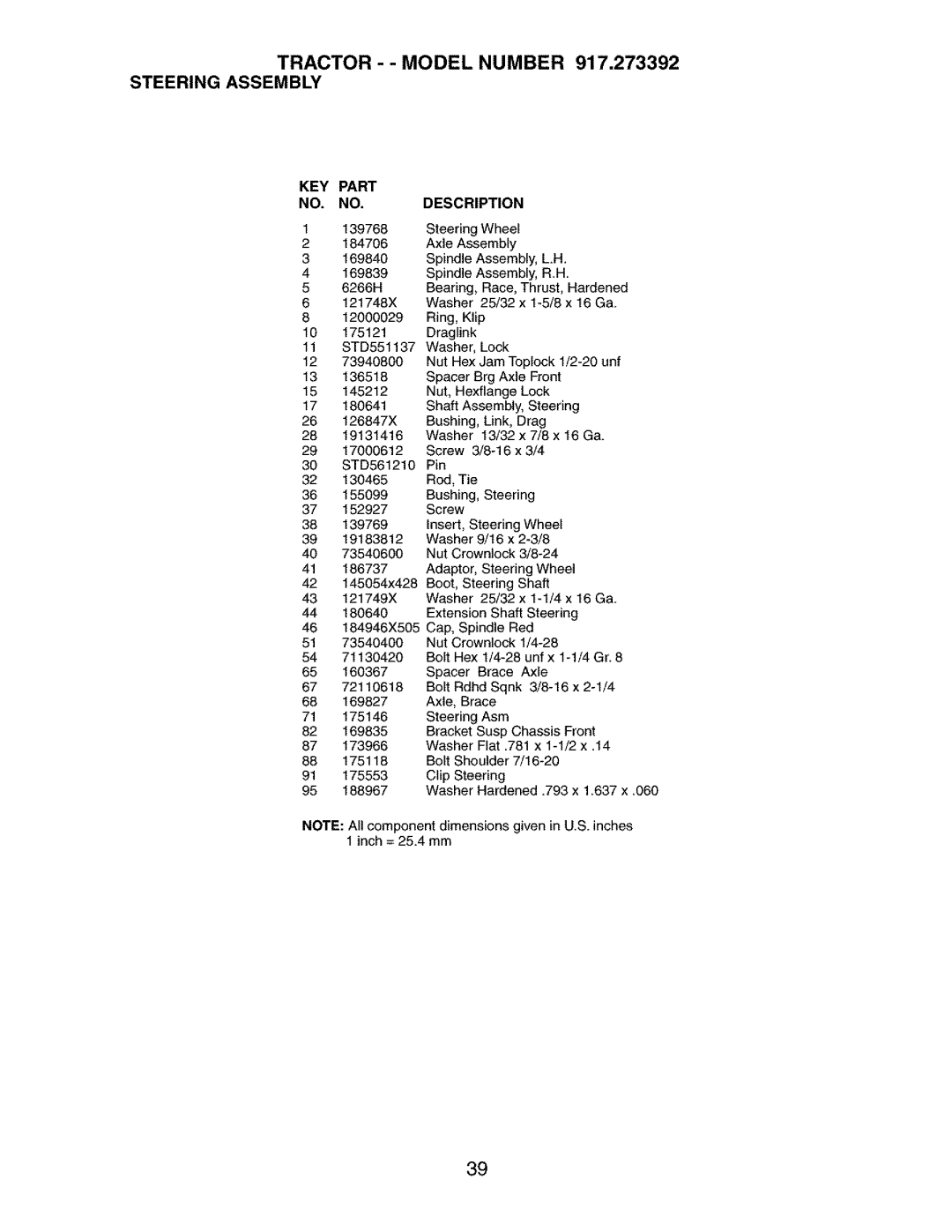 Craftsman manual Tractor - Model Number 917.273392 Steeringassembly 