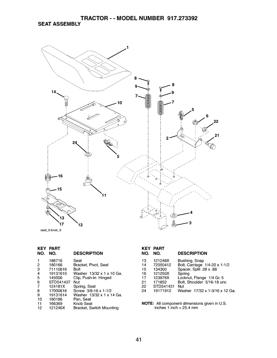 Craftsman manual Tractor - Model Number 917.273392 Seat Assembly, KEY Part 