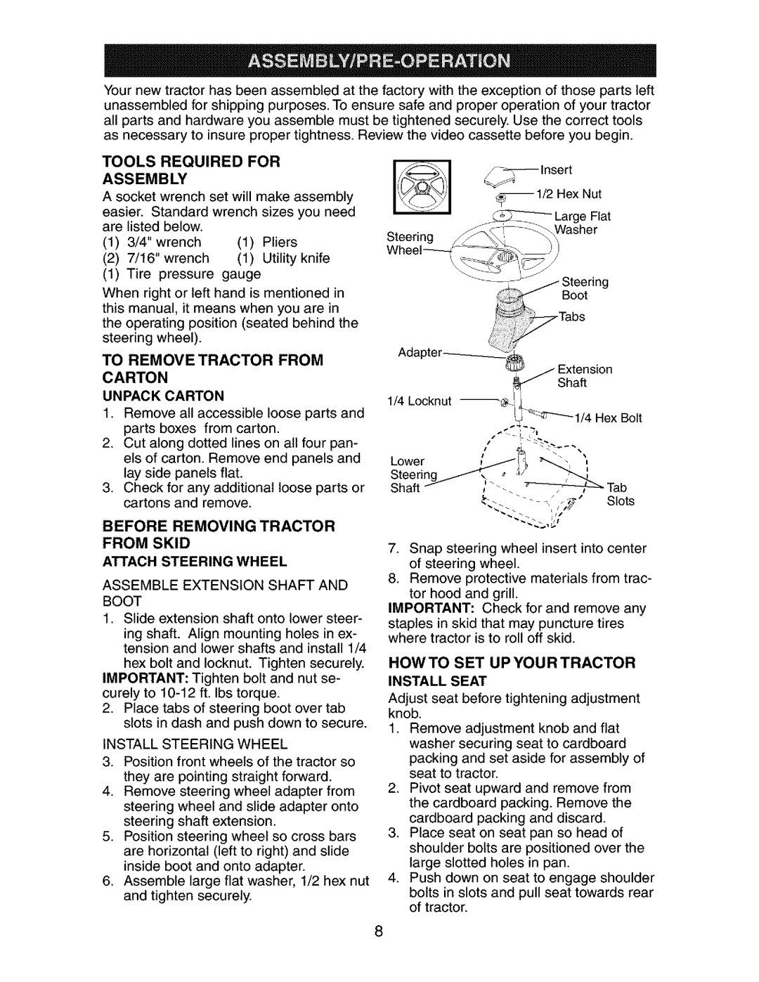 Craftsman 917.273392 manual HOW to SET UP YOU R Tractor, Tools Required for Assembly, To Remove Tractor from, Install Seat 