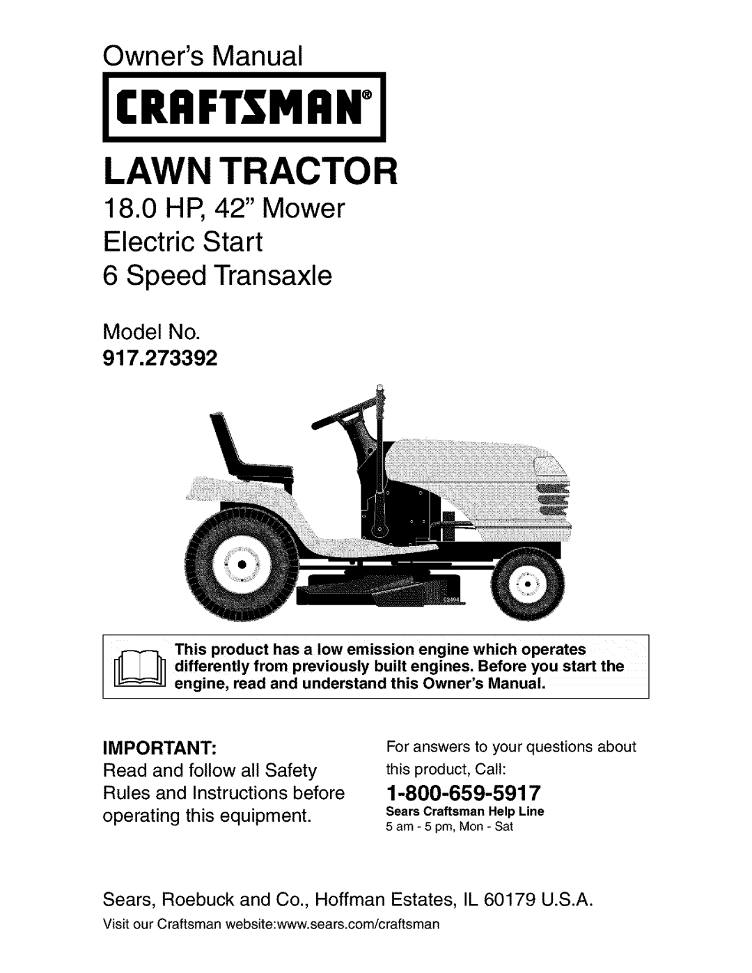 Craftsman 917.273392 manual 180HP, 42 Mower Electric Start, Model No, Read, and follow, all Safety, Rules, Jcriiftsmiinj 
