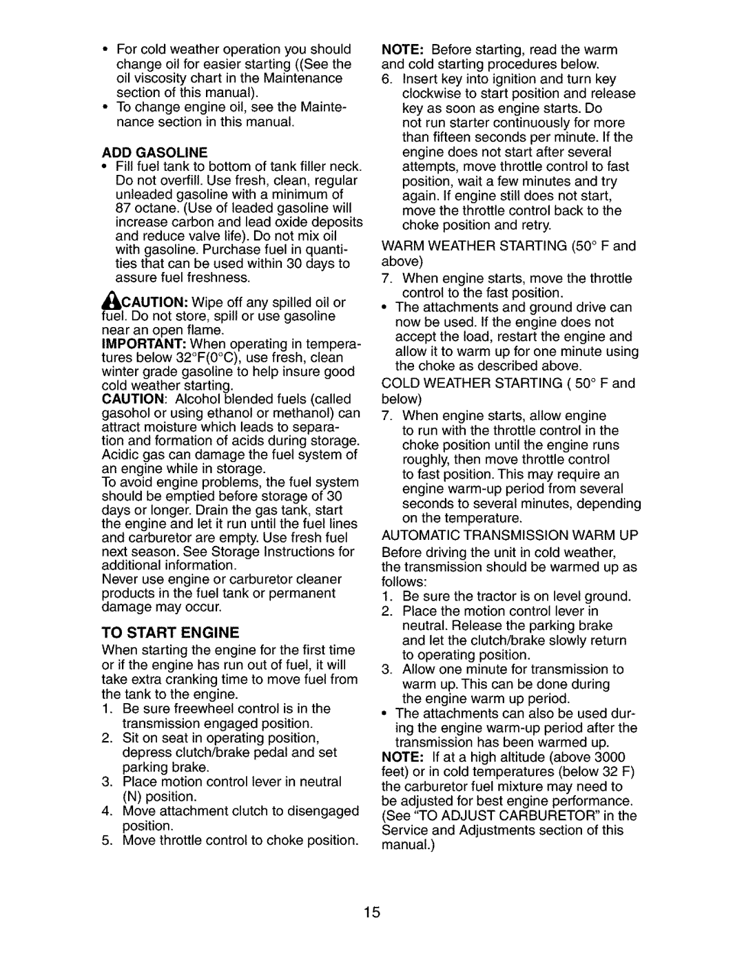 Craftsman 917.273401 owner manual ADD Gasoline, To Start Engine, Automatic Transmission Warm UP 