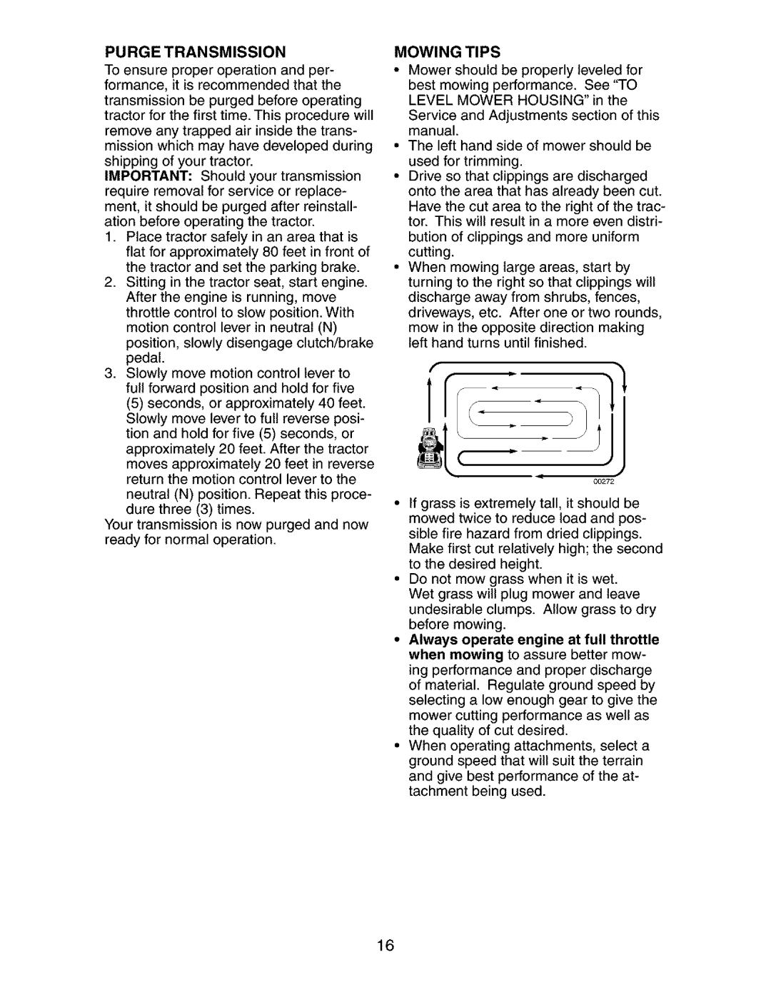 Craftsman 917.273401 owner manual Purge Transmission, Mowing Tips 