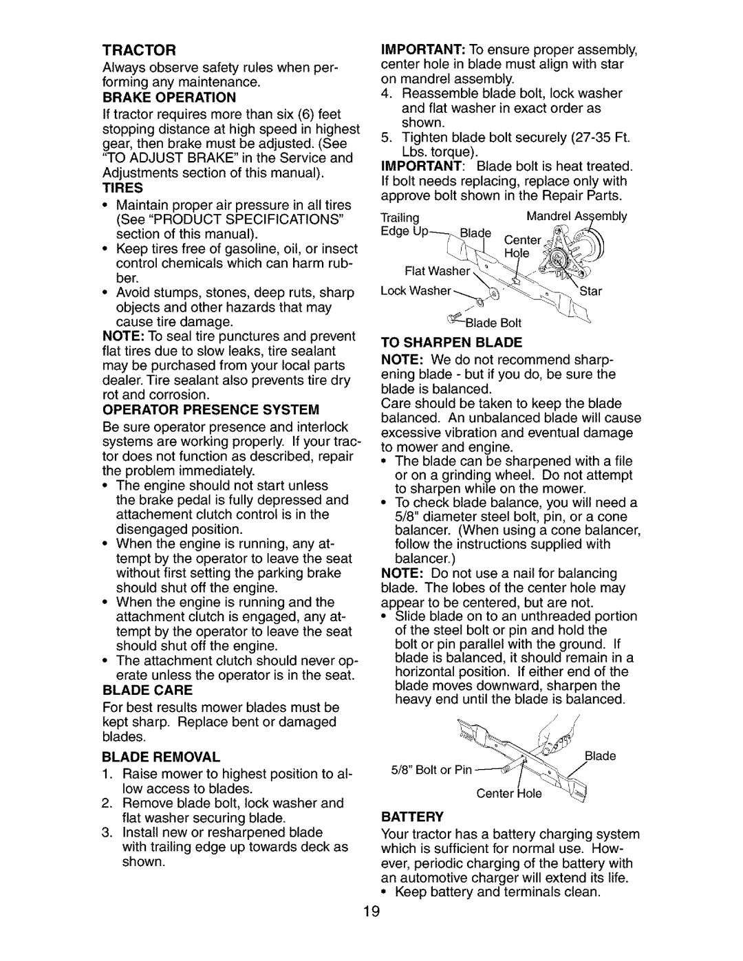 Craftsman 917.273401 owner manual Tractor, Operator Presence System, Blade Removal, To Sharpen Blade, Battery 