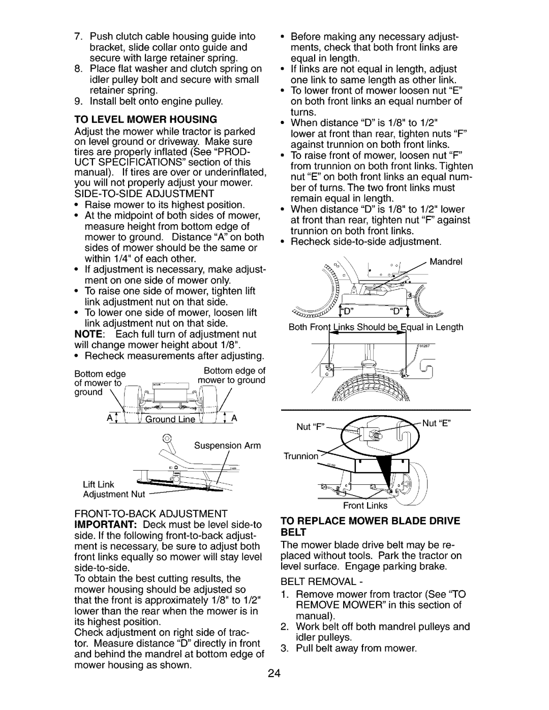 Craftsman 917.273401 owner manual To Level Mower Housing, SIDE-TO-SIDE Adjustment, Belt Removal 