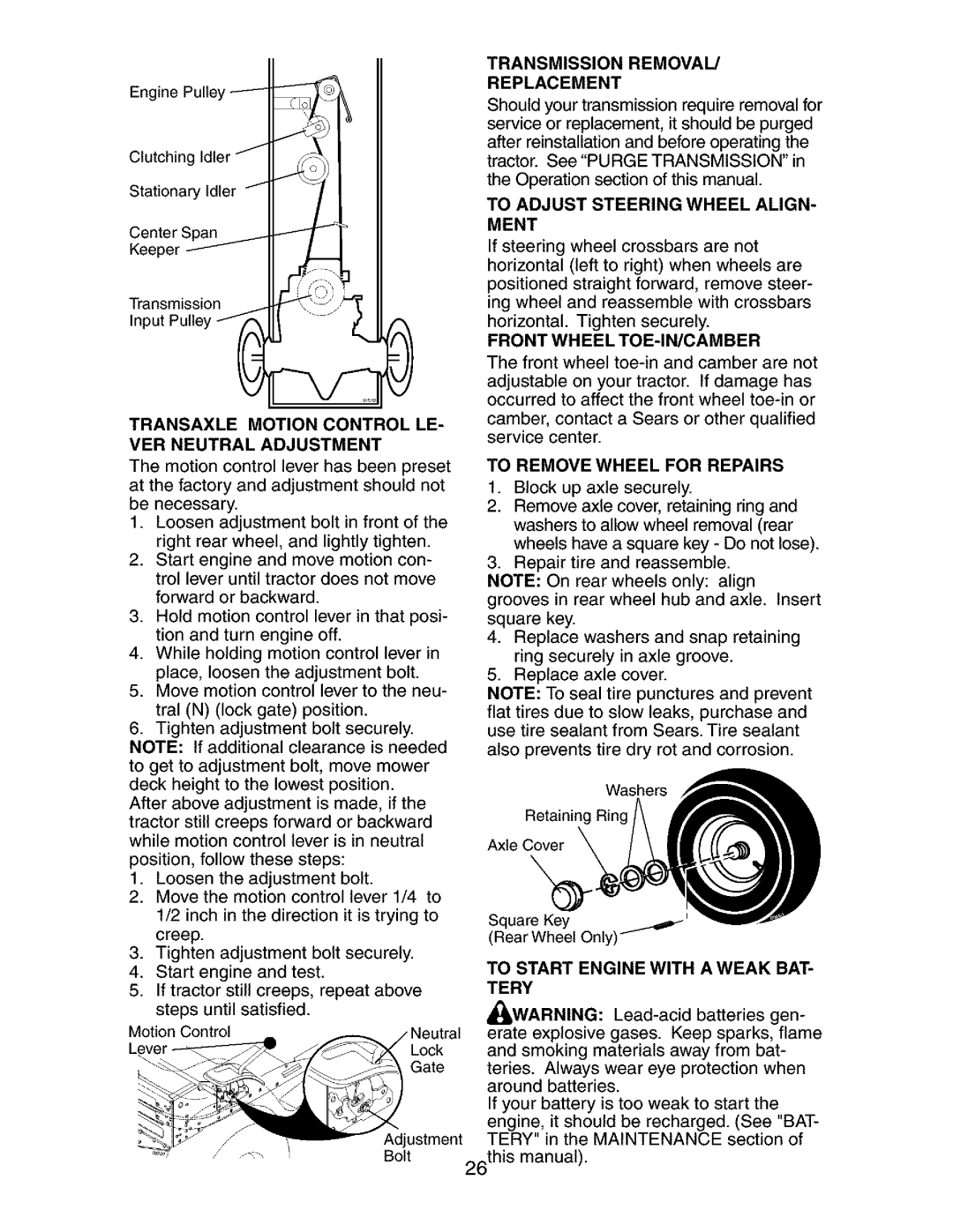 Craftsman 917.273401 owner manual Transaxle Motion Control LE VER Neutral Adjustment, Transmission Removal Replacement 