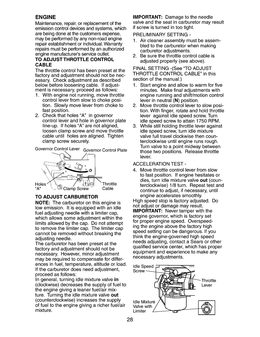 Craftsman 917.273401 owner manual To Adjustthrottle Control Cable, To Adjust Carburetor, Preliminary Setting 