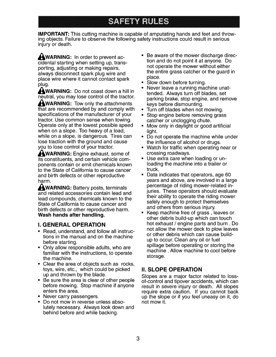 Craftsman 917.273401 owner manual General Operation, II. Slope Operation 