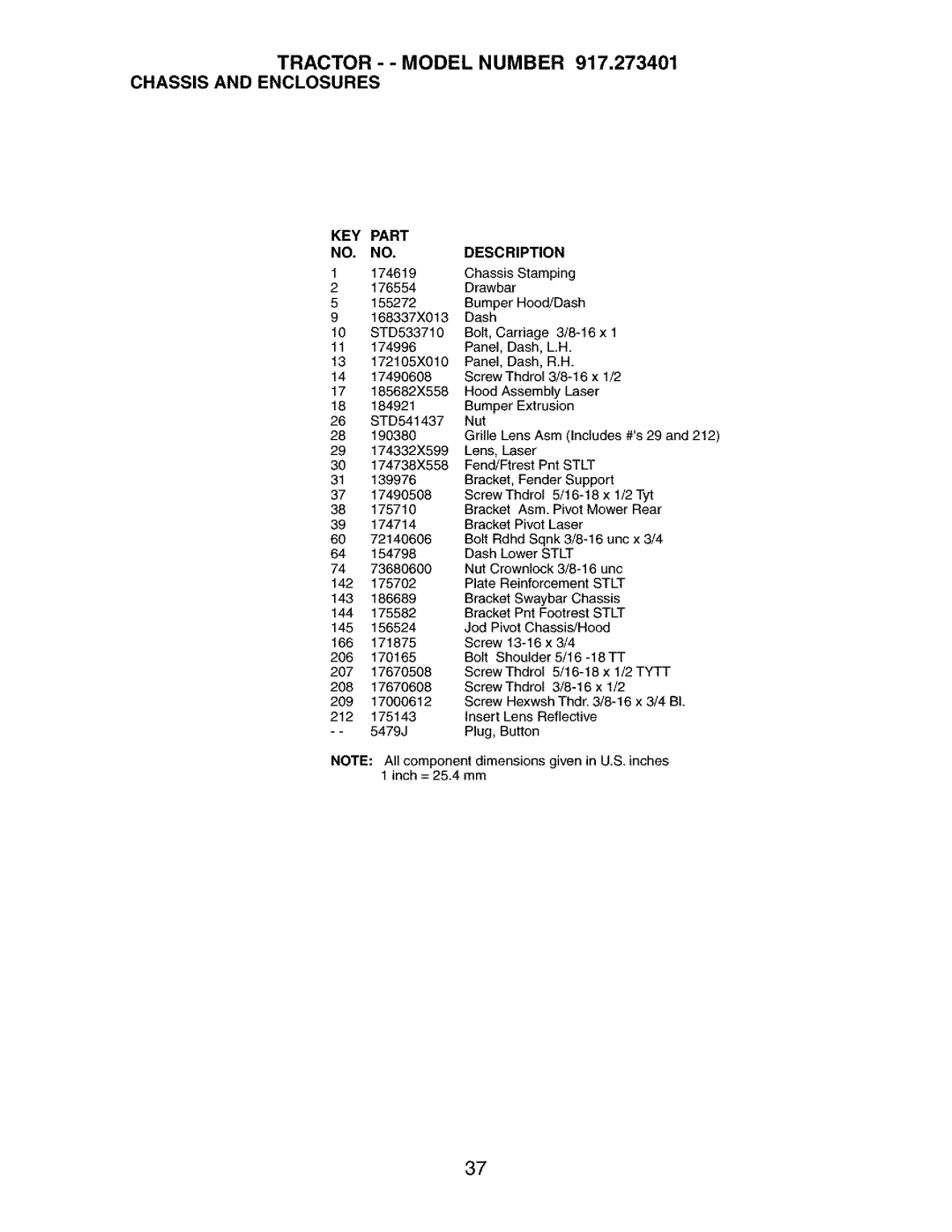 Craftsman 917.273401 owner manual Tractor - Model Number Chassis and Enclosures, 208 