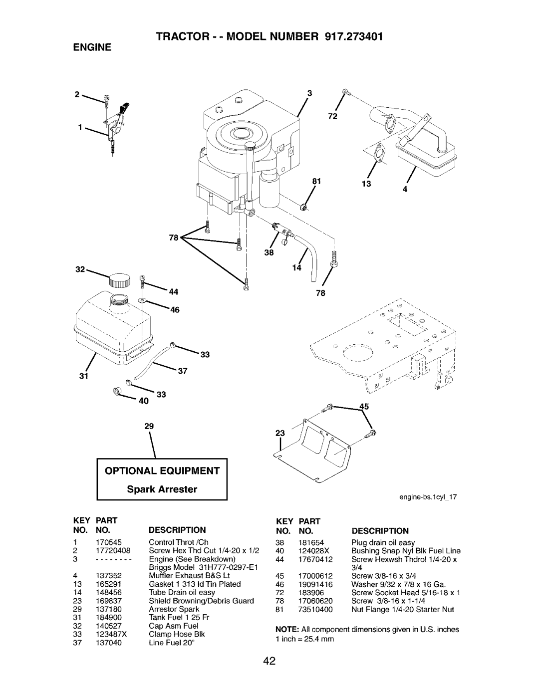 Craftsman 917.273401 owner manual Tractor -- Model Number Engine 