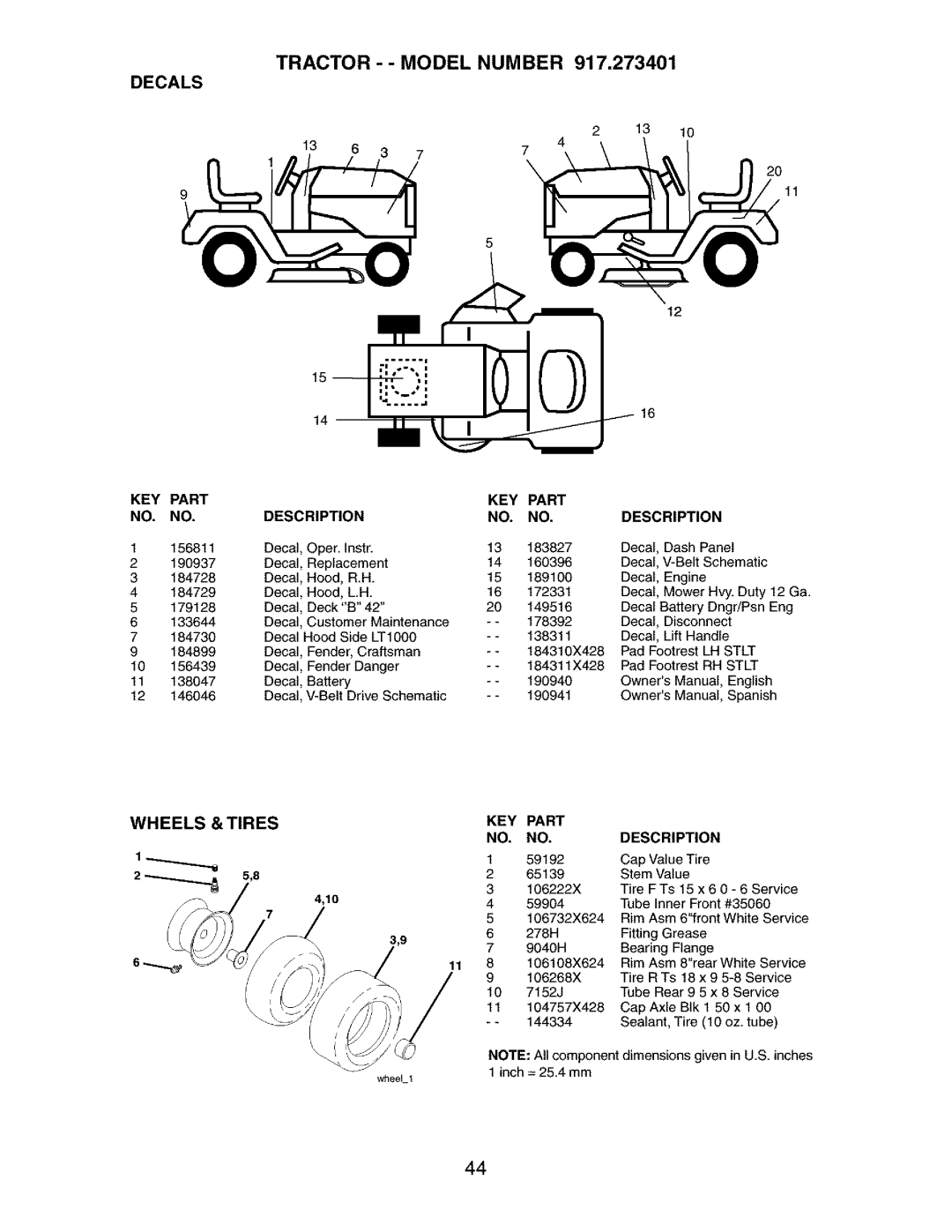 Craftsman 917.273401 owner manual X20, Tractor -- Model Number Decals 