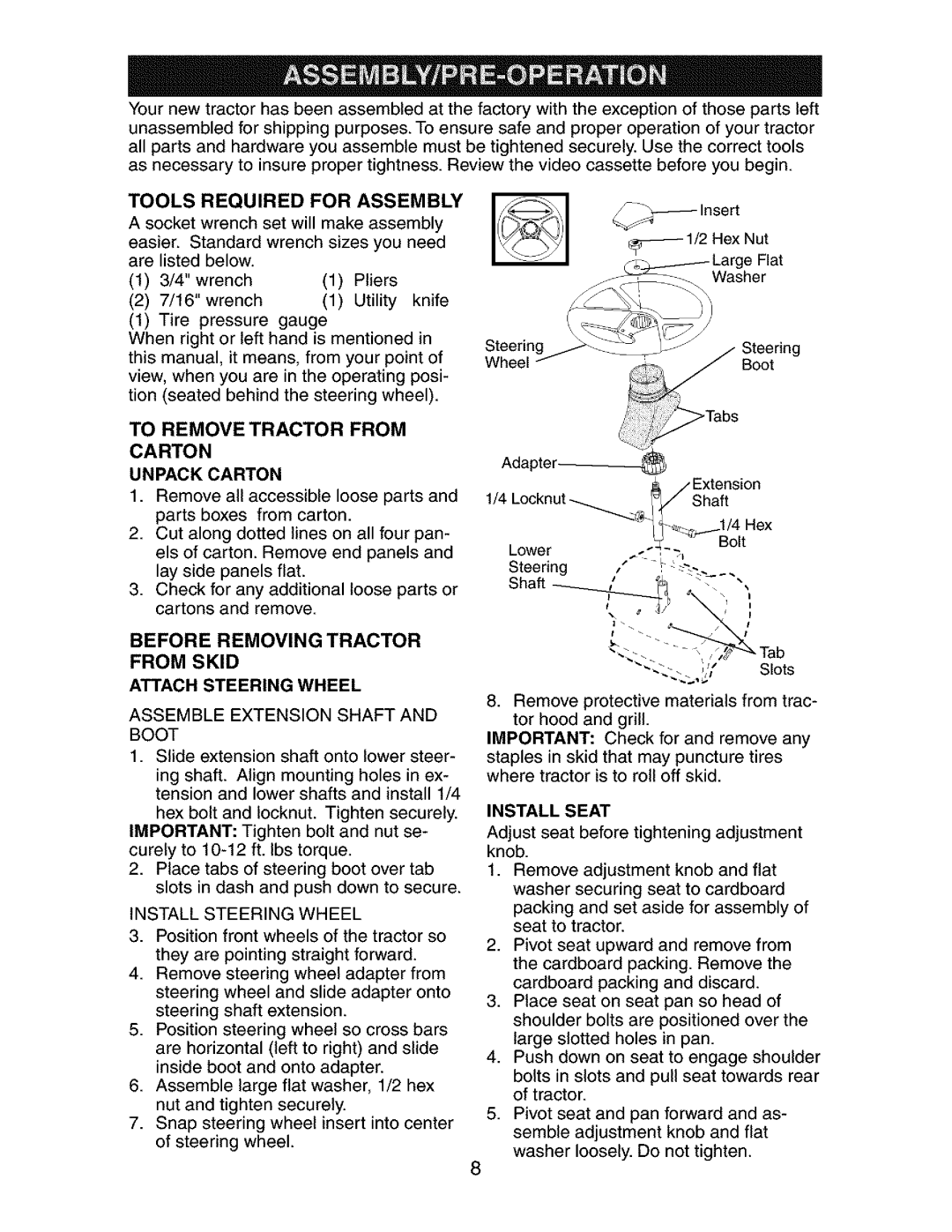 Craftsman 917.273401 owner manual Tools Required for Assembly, To Remove Tractor from, Install Seat 