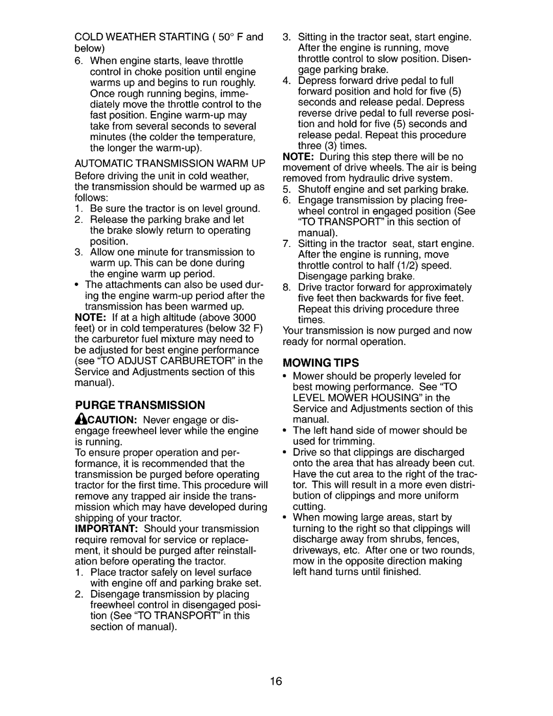 Craftsman 917.273481 manual Mowing Tips, Automatic Transmission Warm UP, Purge Transmission 