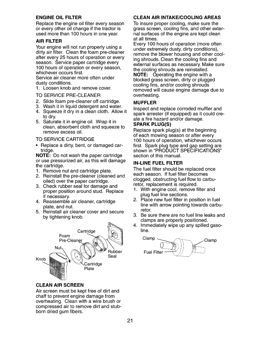 Craftsman 917.273481 manual AIR Filter, To Service PRE-CLEANER, Clean AIR Screen, Spark Plugs, IN-LINE Fuel Filter 