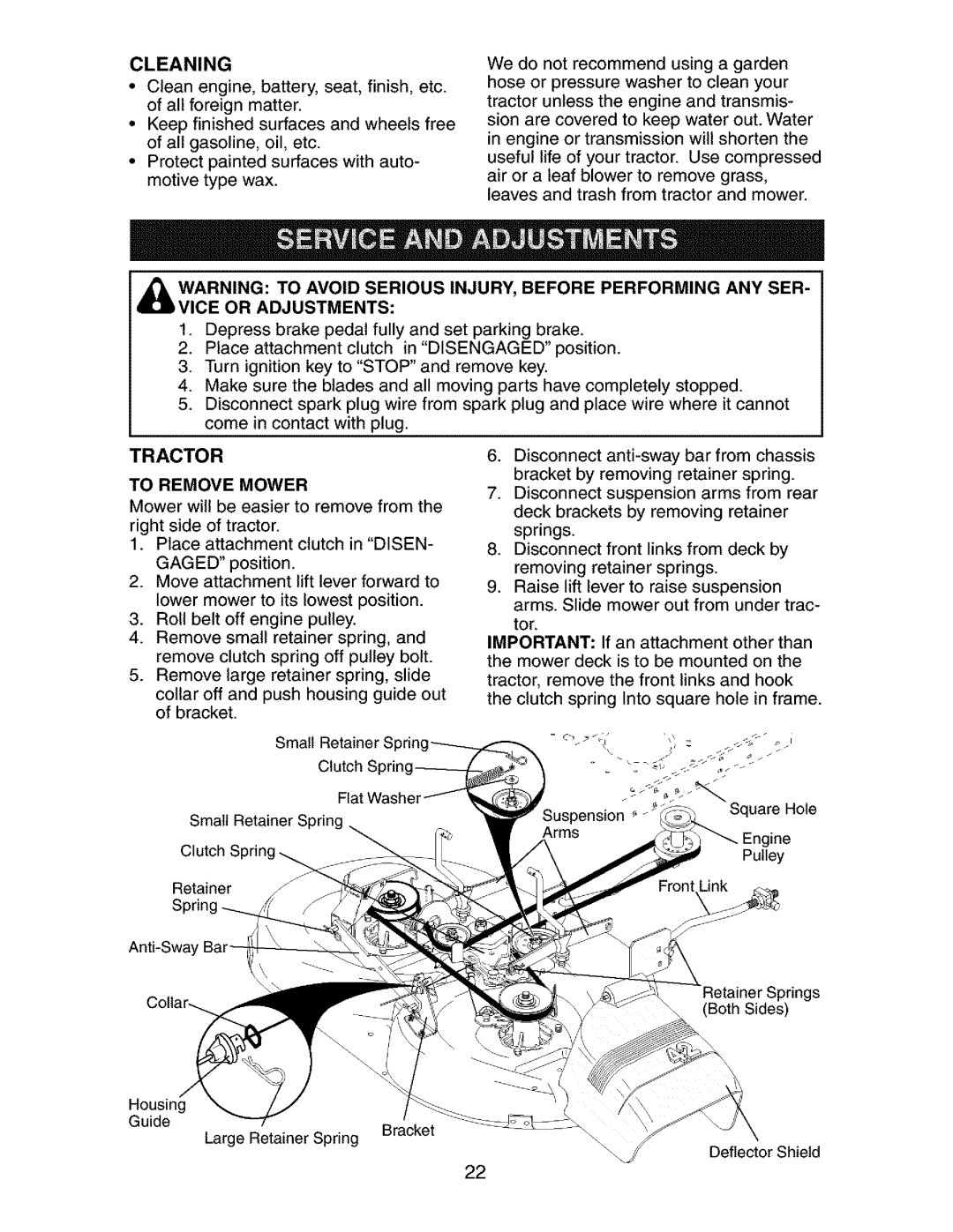 Craftsman 917.273481 manual Tractor, Cleaning, To Remove Mower 
