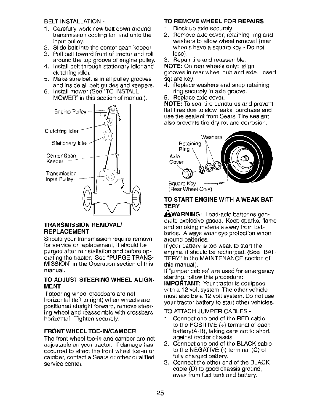 Craftsman 917.273481 manual Transmission Removal Replacement, Front Wheel TOE-IN/CAMBER, To Remove Wheel for Repairs 