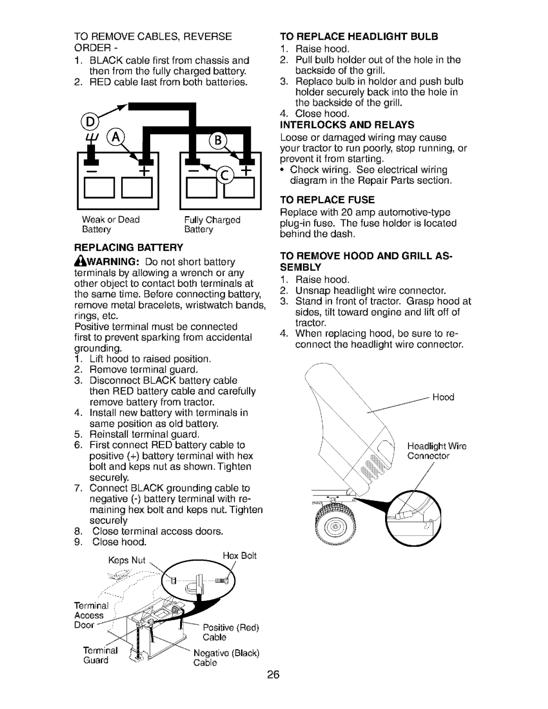 Craftsman 917.273481 manual To Replace Headlight Bulb, Interlocks and Relays, To Replace Fuse 