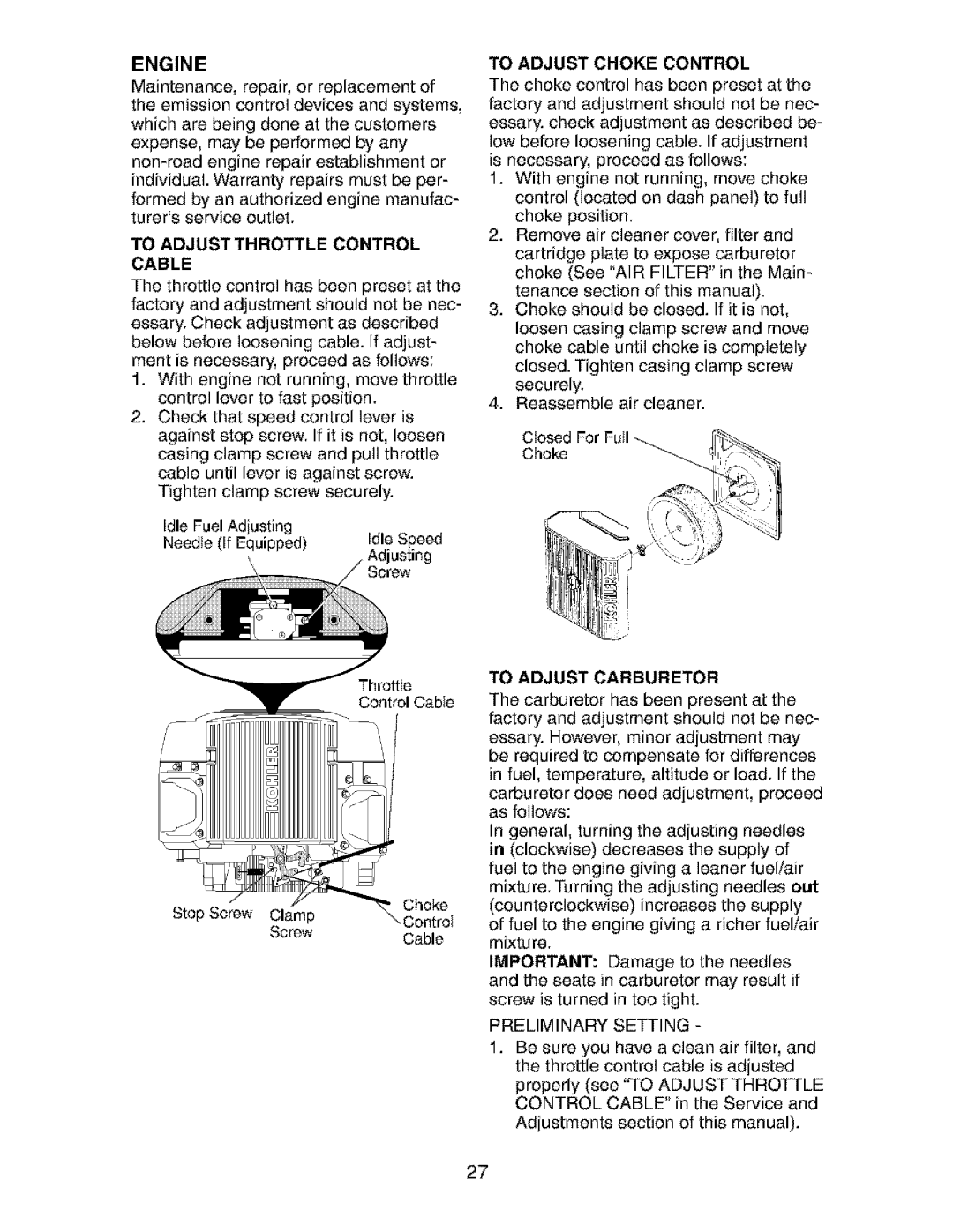 Craftsman 917.273481 manual Engine, To Adjust Choke Control 