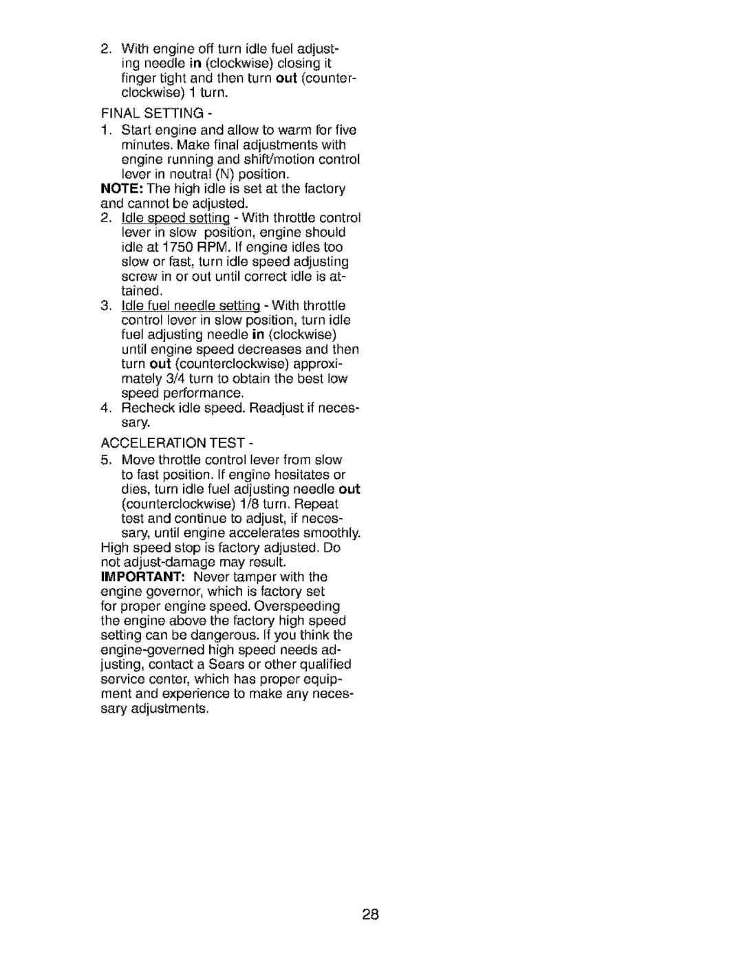 Craftsman 917.273481 manual Final Setting, Acceleration Test 