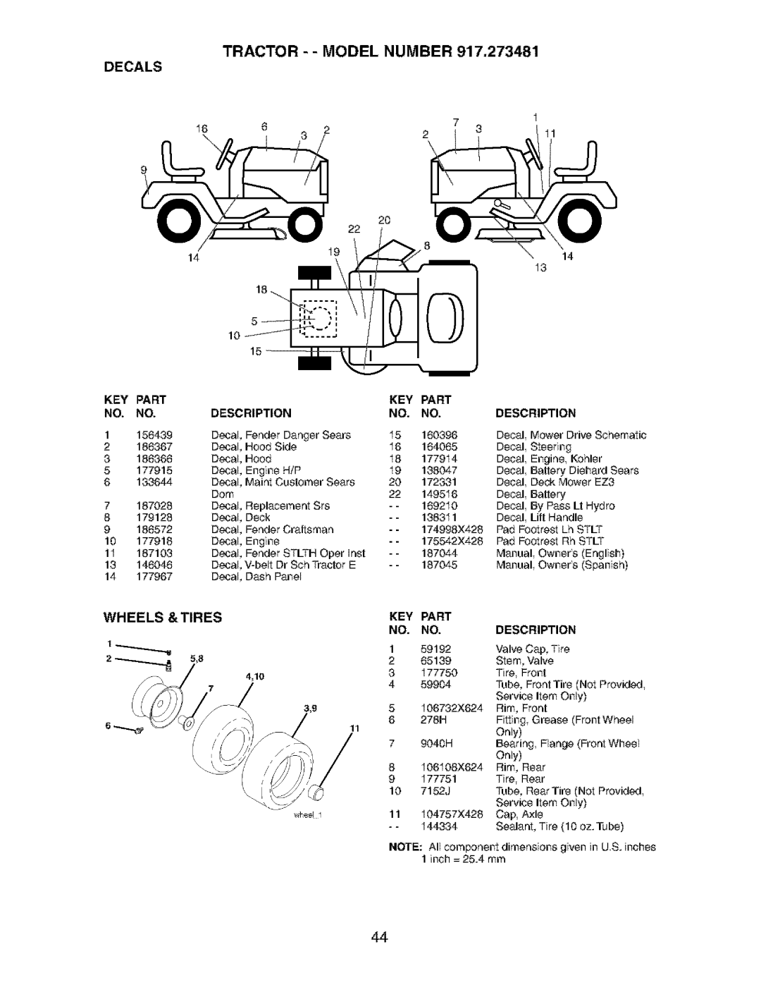 Craftsman 917.273481 manual Tractor - Model Number Decals, Wheels & Tires, 175542426 