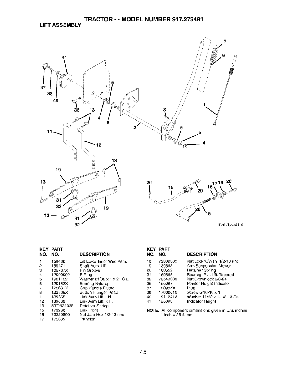 Craftsman 917.273481 manual Tractor - Model Number Lift Assembly, 159466, 15947I Shaft Asm. Lift 105767X Pin Groove 