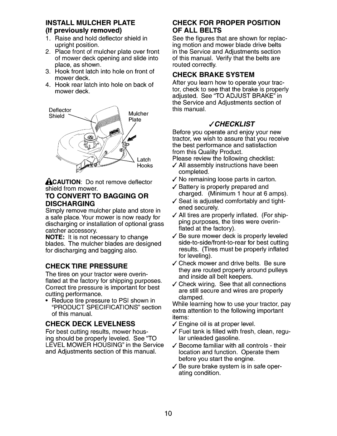 Craftsman 917.27351 manual Install Mulcher Plate, If previously removed, Check Deck Levelness, Check Brake System 