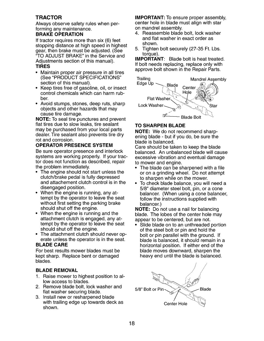 Craftsman 917.27351 manual Tractor, Blade Removal, To Sharpen Blade 