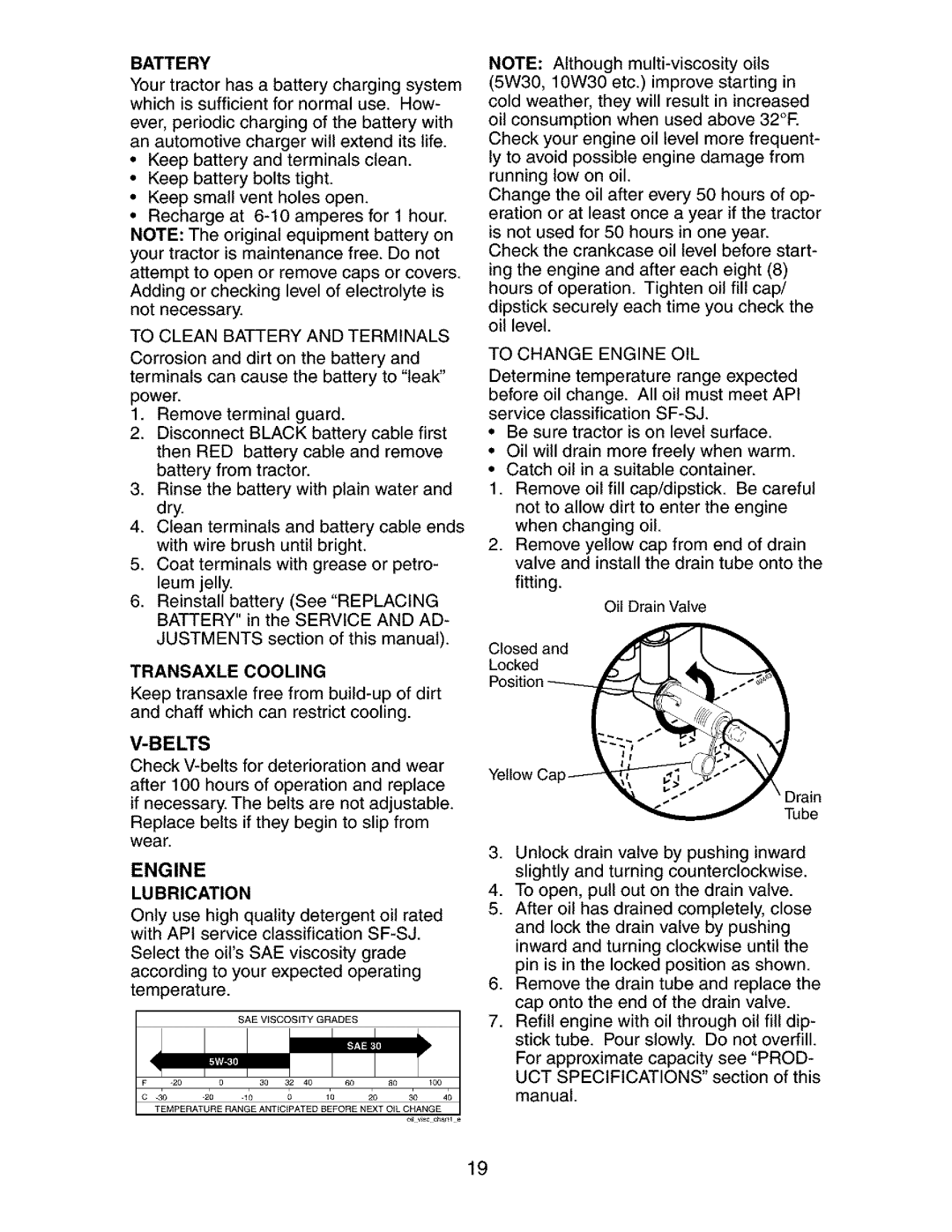 Craftsman 917.27351 manual Engine, To Clean Battery and Terminals, Transaxle Cooling, Belts 