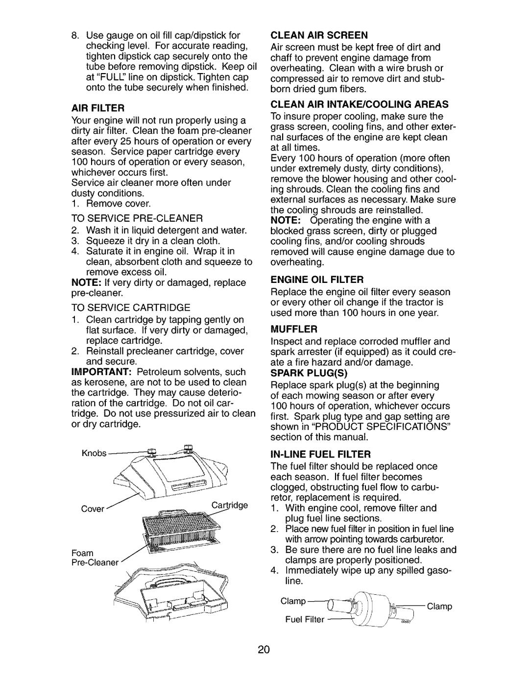 Craftsman 917.27351 manual AIR Filter, Clean AIR Screen, Clean AIR INTAKE/COOLING Areas, IN-LINE Fuel Filter 