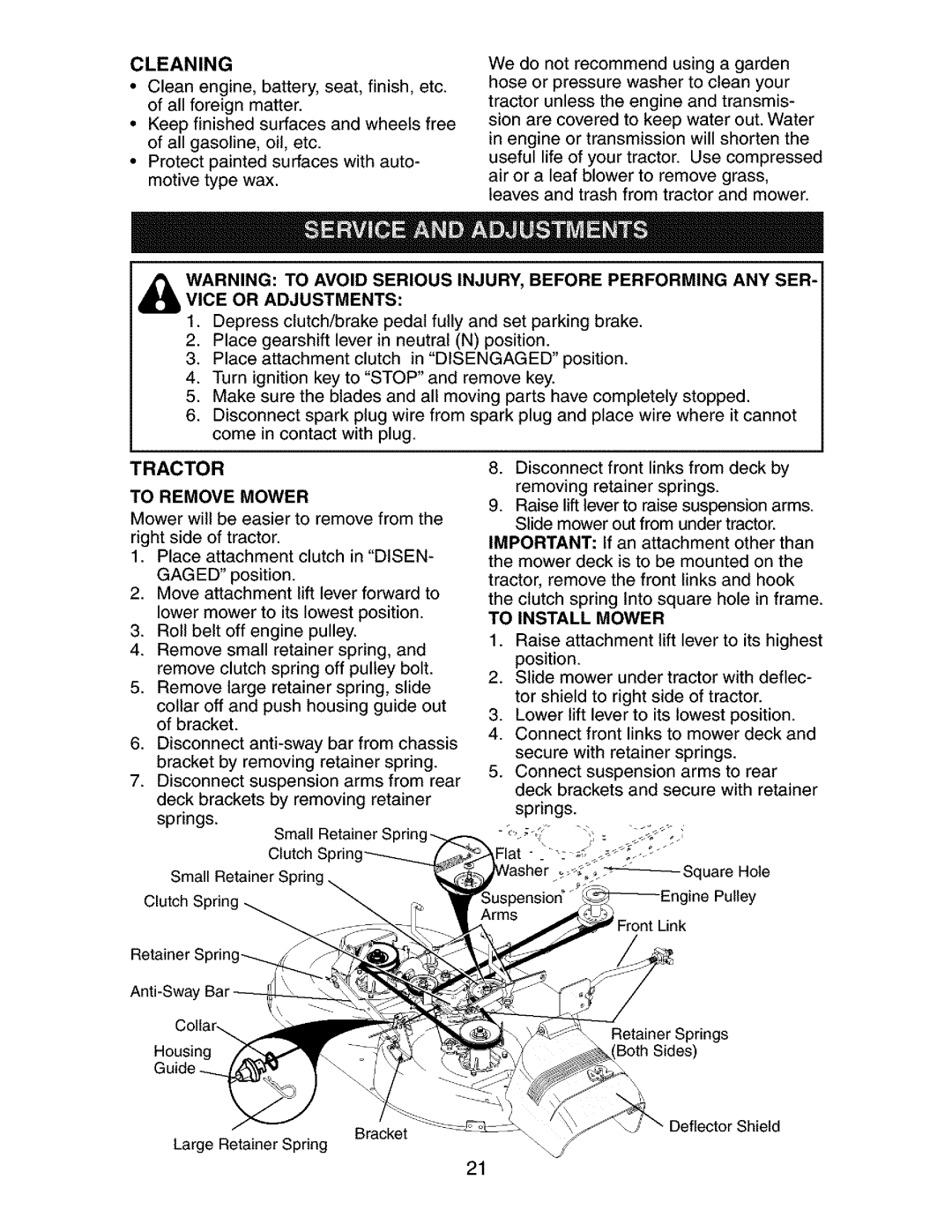 Craftsman 917.27351 manual Tractor, Cleaning, To Remove Mower, To Install Mower 