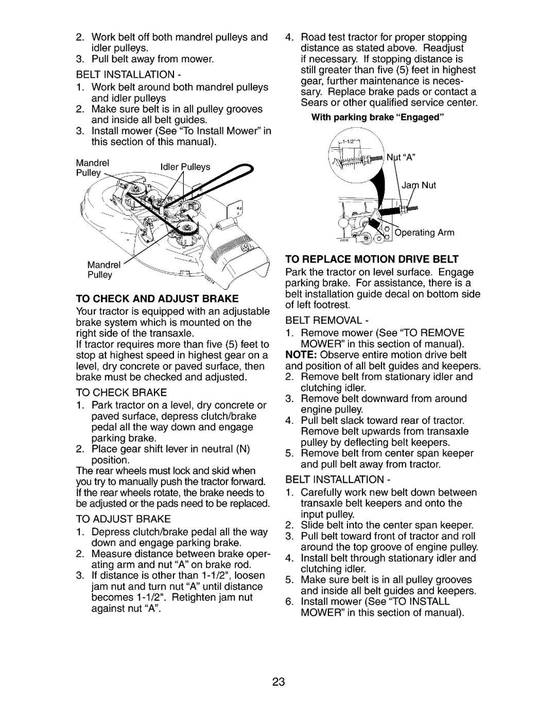 Craftsman 917.27351 manual Belt Installation, To Check and Adjust Brake, To Check Brake, To Adjust Brake, Belt Removal 