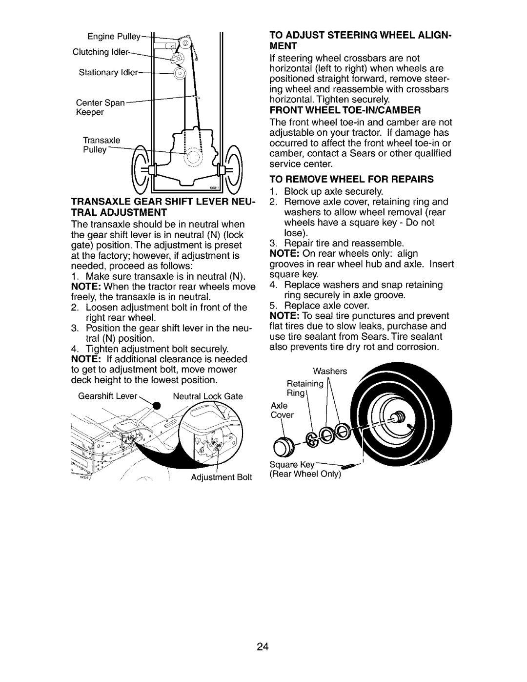 Craftsman 917.27351 manual Transaxle Gear Shift Lever NEU- Tral Adjustment, Front Wheel TOE-IN/CAMBER 