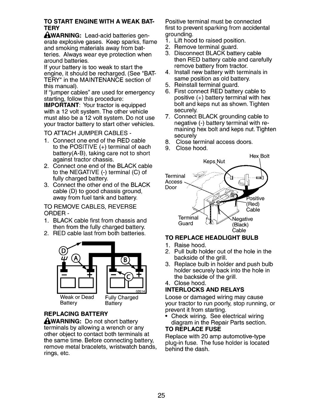 Craftsman 917.27351 To Start Engine with a Weak BAT- TE RY, To Attach Jumper Cables, Replacing Battery, To Replace Fuse 