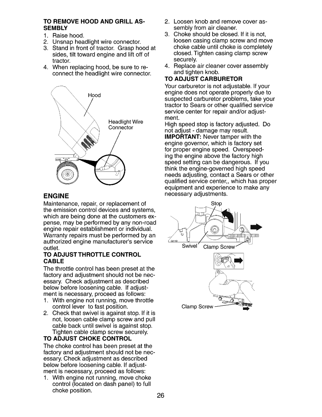 Craftsman 917.27351 manual To Adjust Throttle Control Cable, To Adjust Choke Control, To Adjust Carburetor 