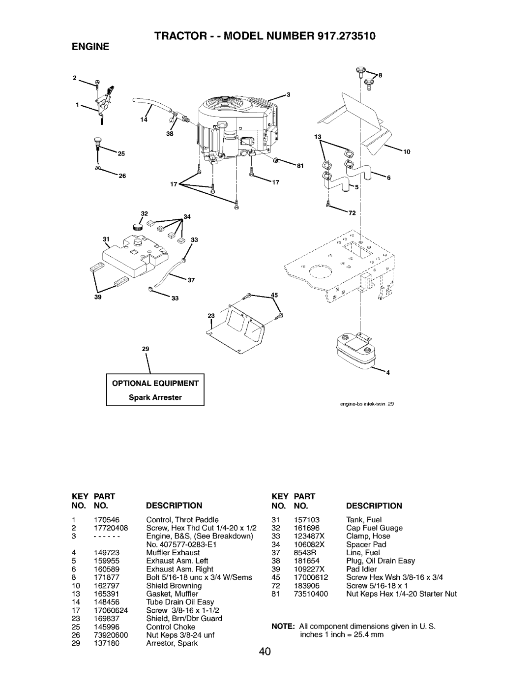 Craftsman 917.27351 manual Tractor - Model Number Engine, KEY Part 