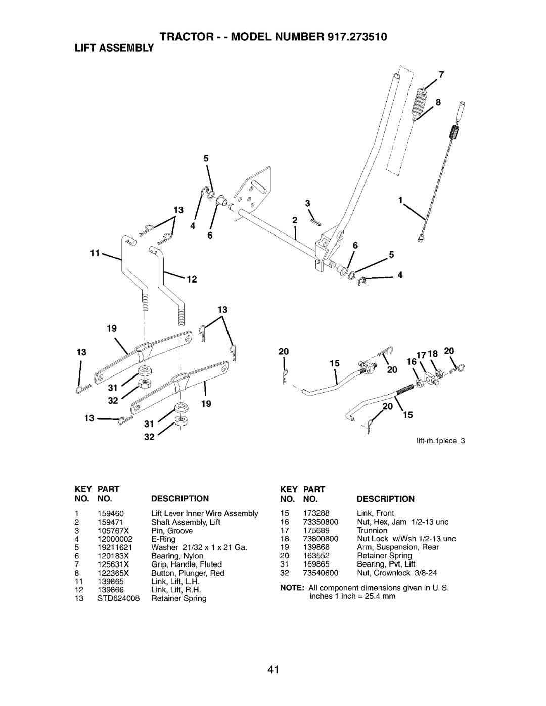 Craftsman 917.27351 manual Tractor - Model Number Lift Assembly, KEY Part Description 