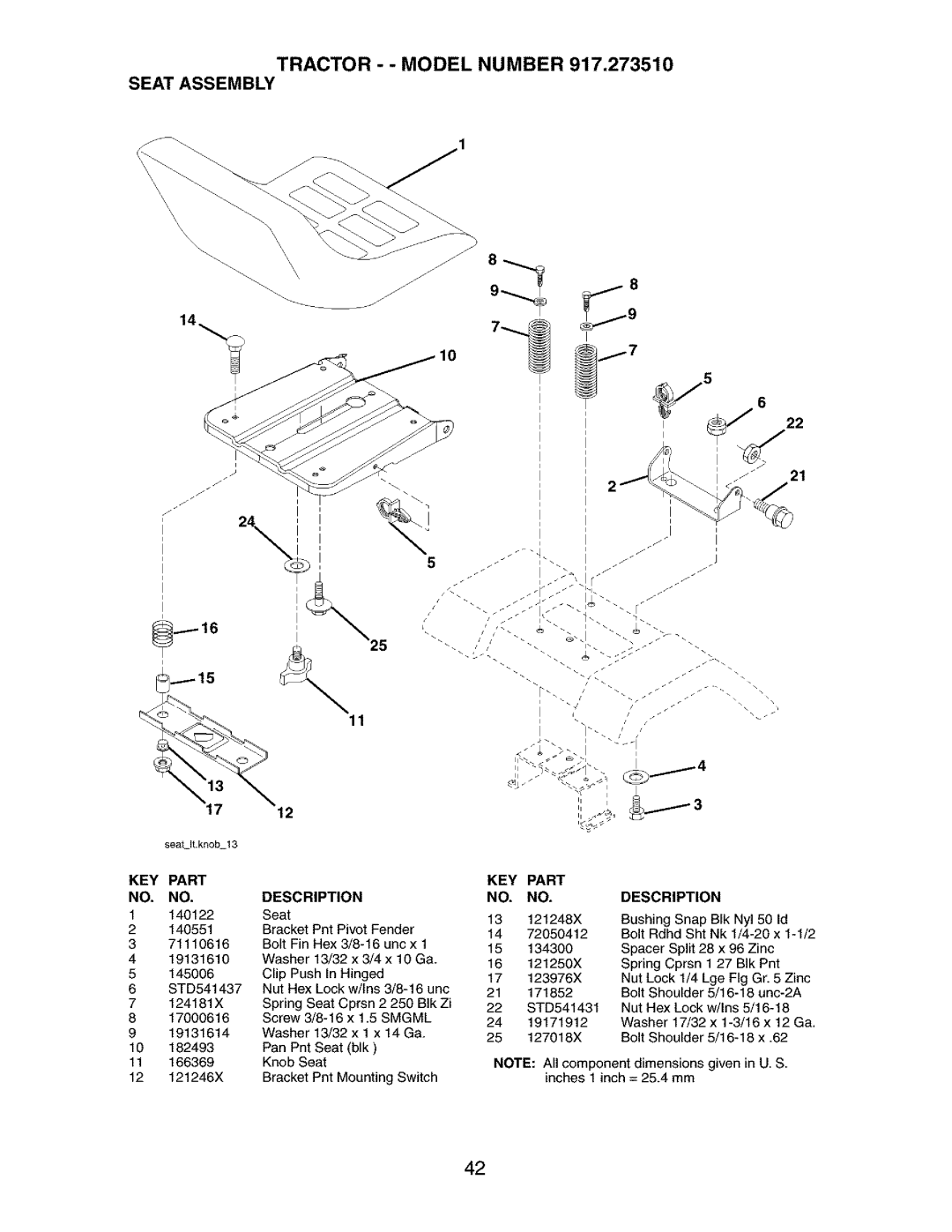 Craftsman 917.27351 manual Tractor - Model Number Seat Assembly, STD541437 Nut Hex Lock w/Ins 3/6-16 unc 