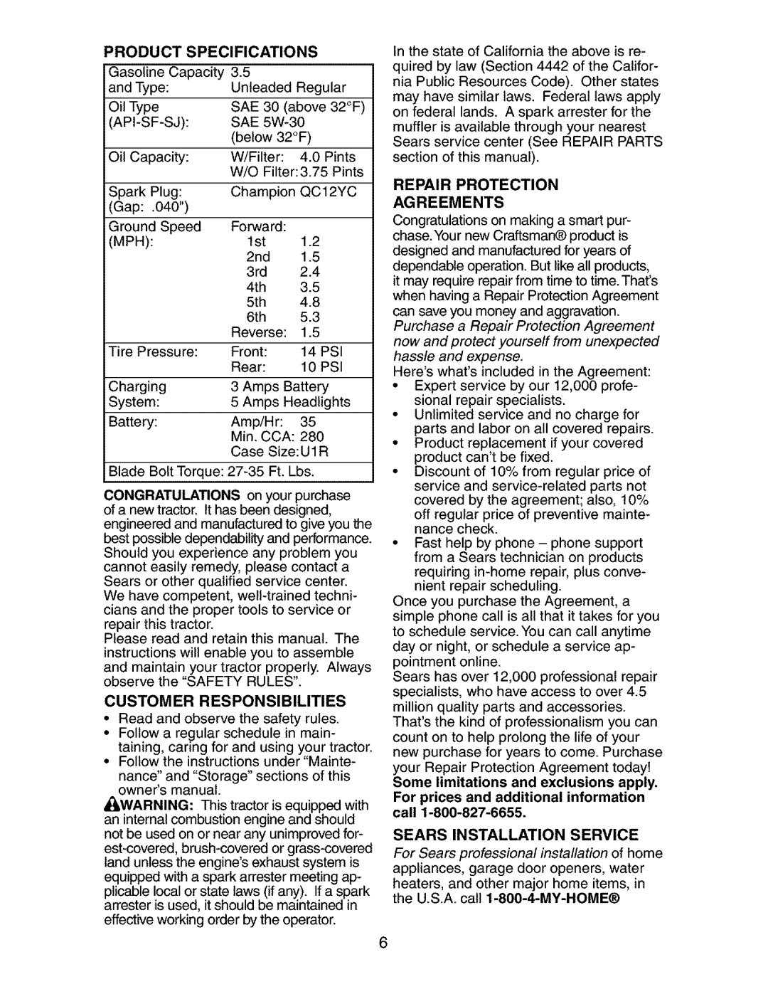 Craftsman 917.27351 manual Product Specifications, Customer Responsibilities, Repair Protection Agreements 