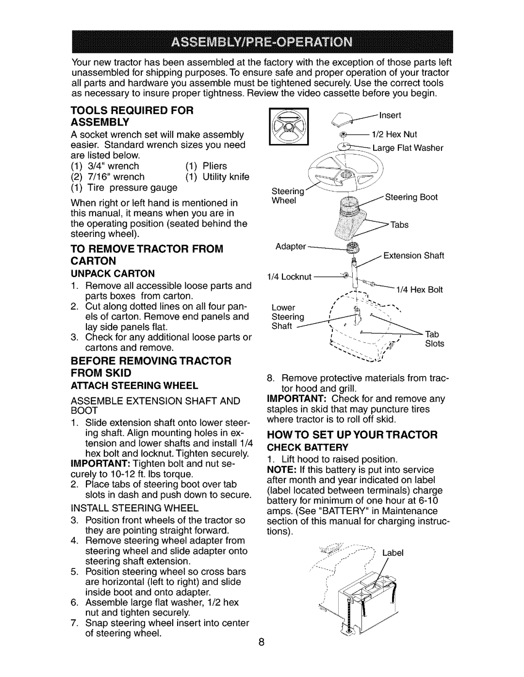 Craftsman 917.27351 manual Howto SET UP Your Tractor, Tools Required for Assembly, To Remove Tractor from 