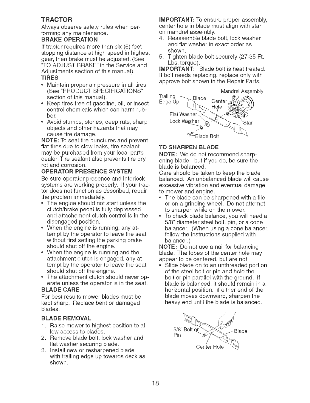 Craftsman 917.273631 manual Tractor, Operator Presence System, Blade Care, Blade Removal, To Sharpen Blade 