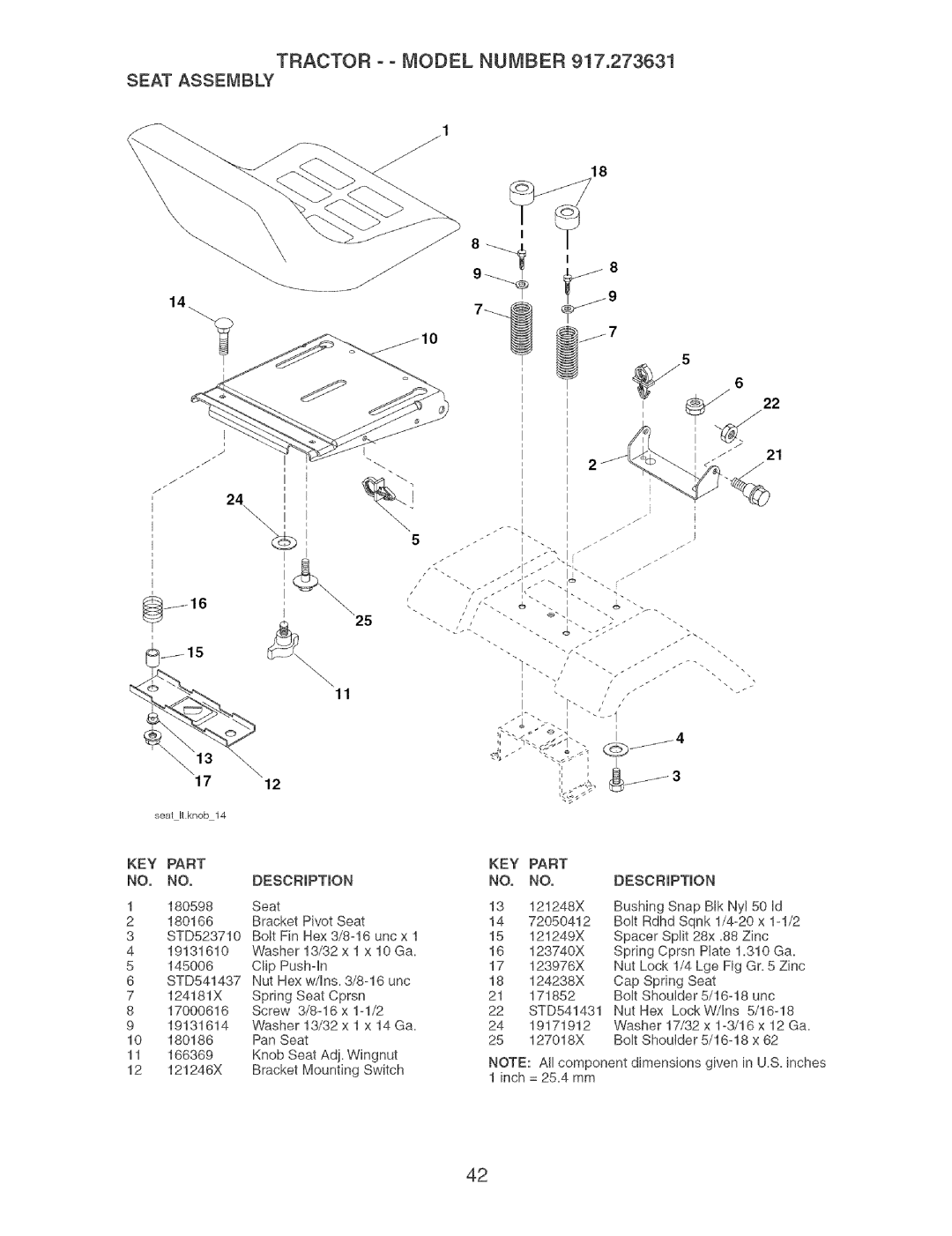 Craftsman 917.273631 manual Tractor Model Number Seat Assembly, Key 