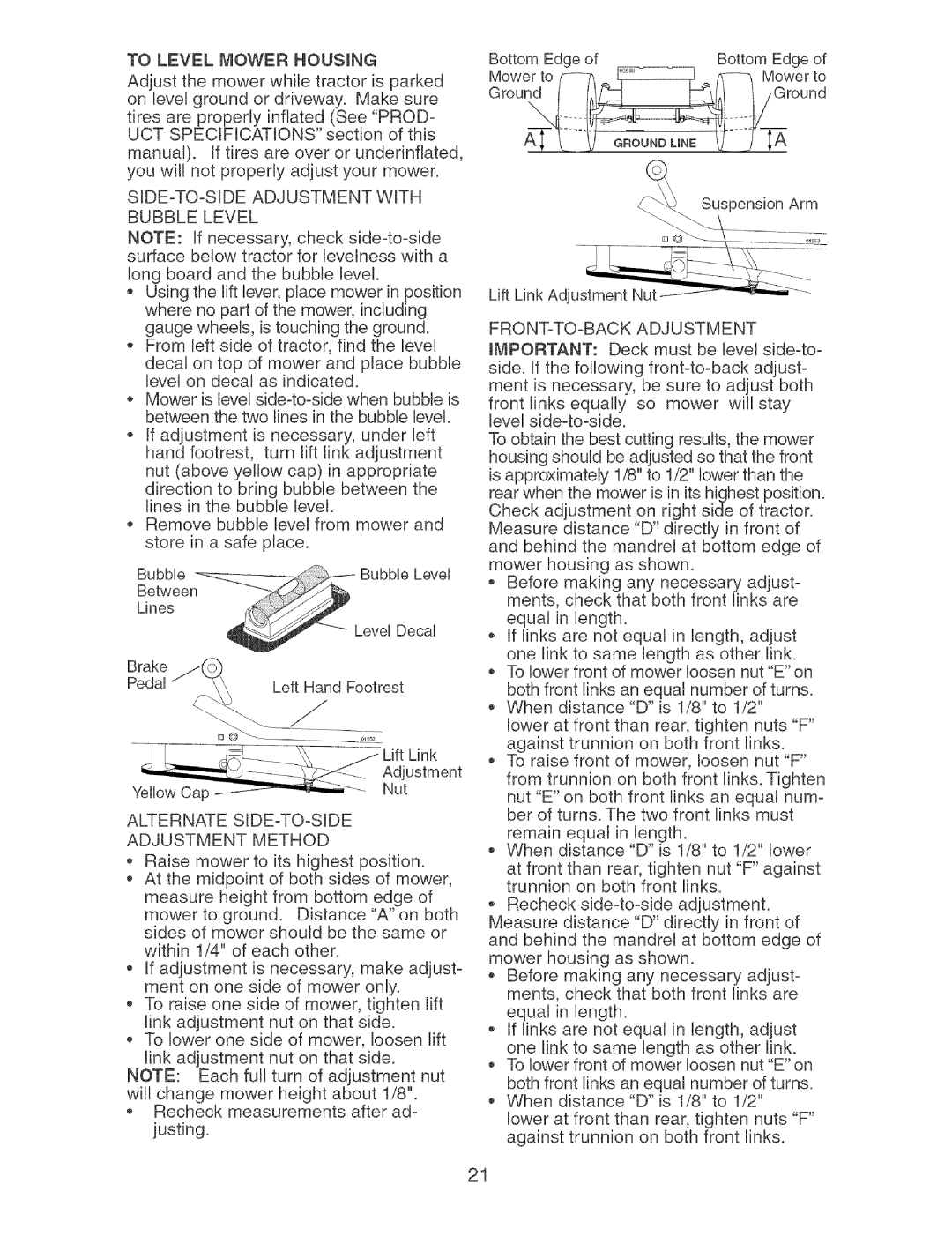 Craftsman 917.273638 manual SIDE-TO-SIDE Adjustment with Bubble Level, Alternate SIDE-TO-SIDE Adjustment Method 