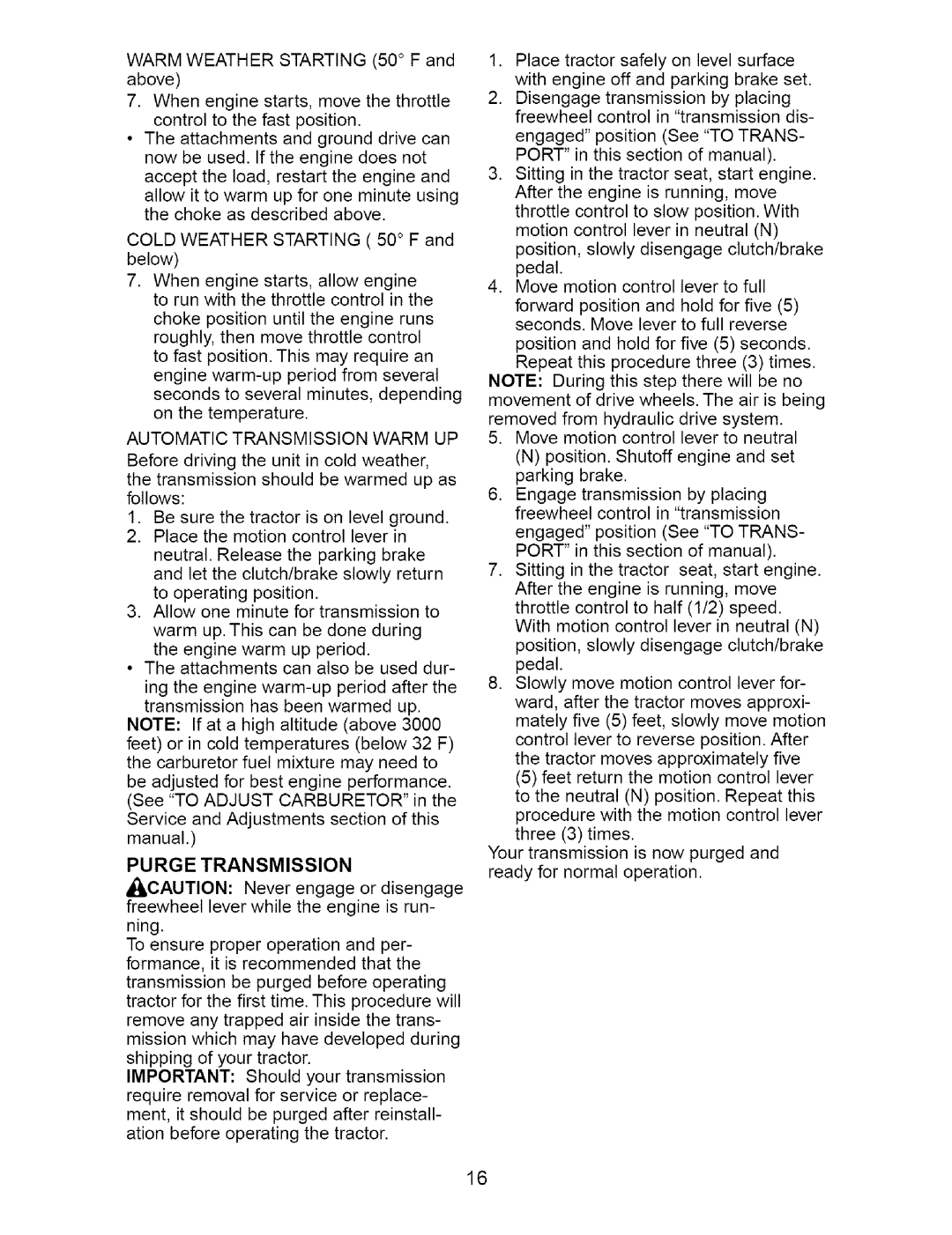 Craftsman 917.273642 manual Automatic Transmission Warm UP, Purge Transmission 