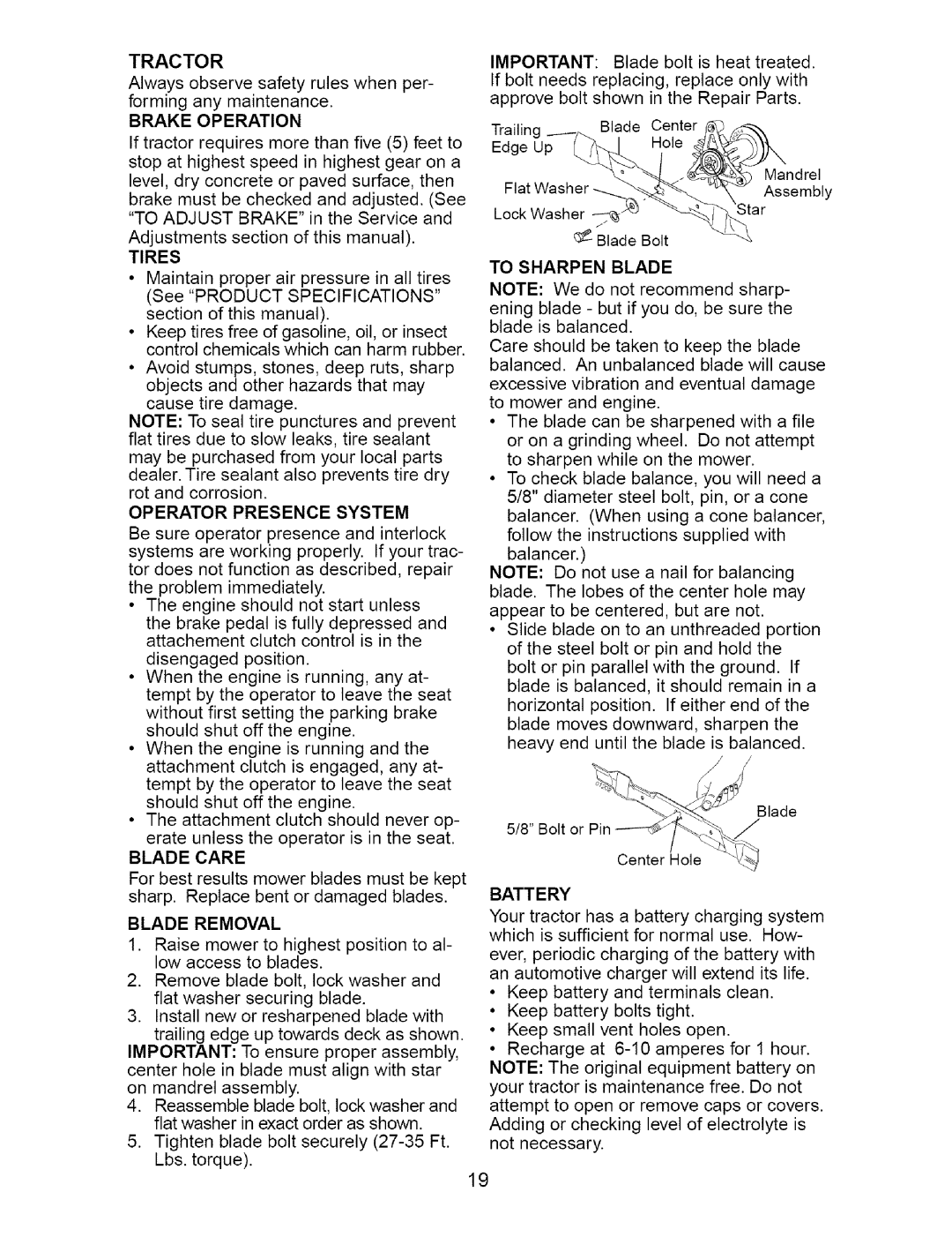 Craftsman 917.273642 manual Tractor, Operator Presence System, Blade Care, Blade Removal, Battery 