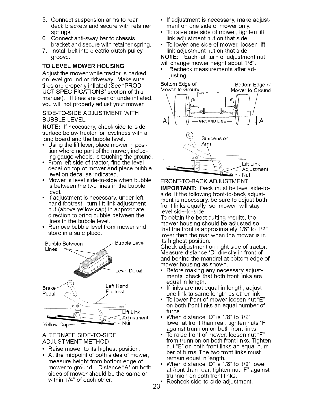 Craftsman 917.273642 manual To Level Mower Housing, SIDE-TO-SIDE Adjustment with Bubble Level, FRONT-TO-BACK Adjustment 