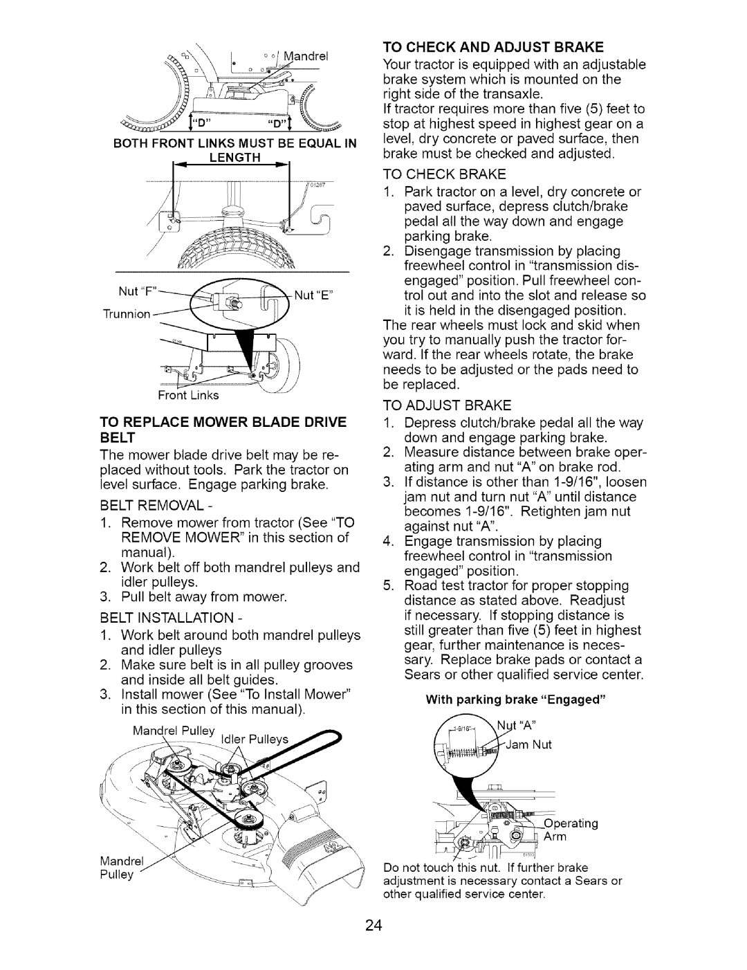 Craftsman 917.273642 Both Front Links Must be Equal Length, To Replace Mower Blade Drive Belt, To Check and Adjust Brake 