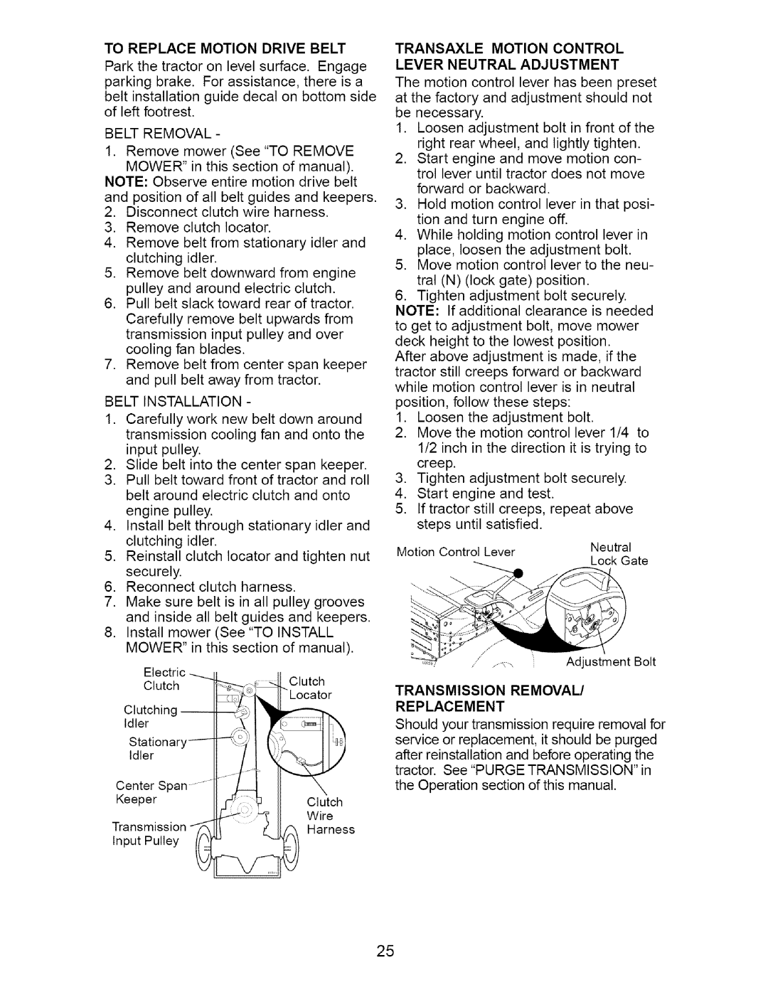 Craftsman 917.273642 manual To Replace Motion Drive Belt, Transaxle Motion Control, Lever Neutral Adjustment, Replacement 