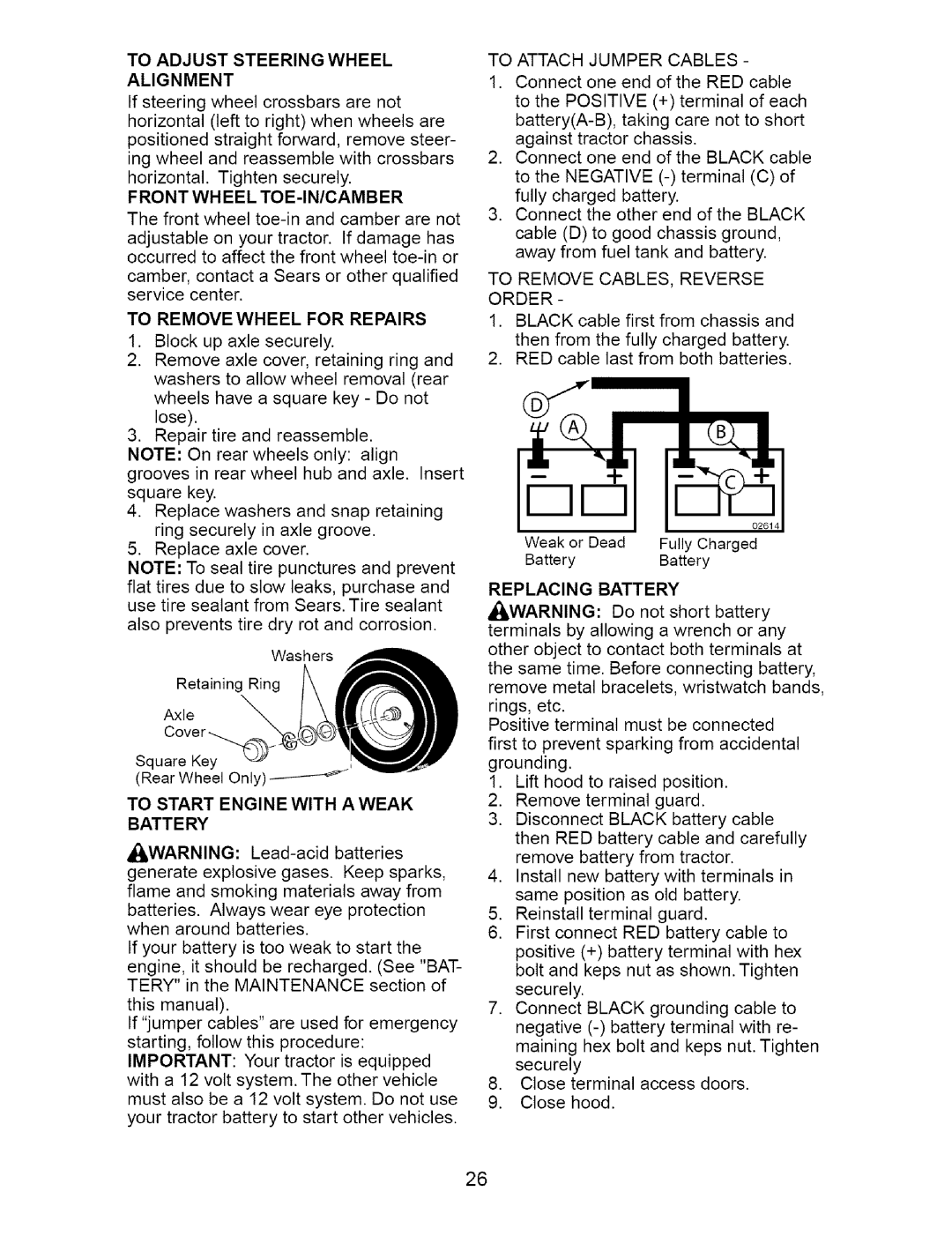 Craftsman 917.273642 manual To Adjust Steering Wheel Alignment, To Remove Wheel for Repairs, Replacing Battery 