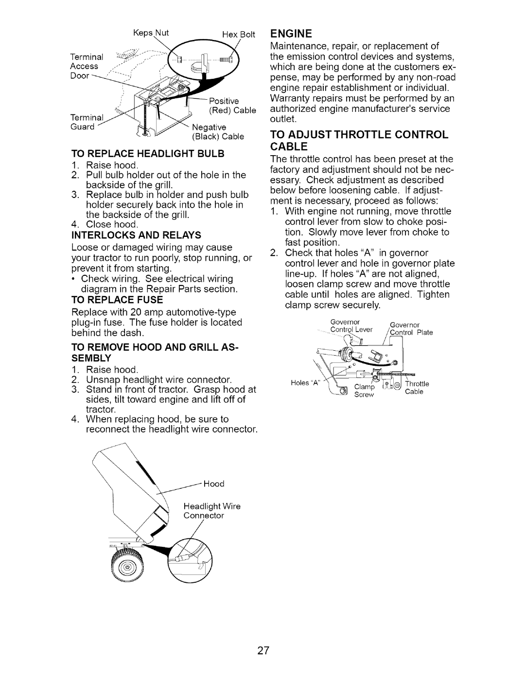 Craftsman 917.273642 To Replace Headlight Bulb, Interlocks and Relays, To Replace Fuse, To Adjust Throttle Control Cable 